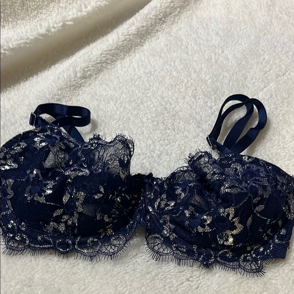 Dream Angels Wicked Elegant Lace Allure Shimmer Navy and Silver Bra NWOT